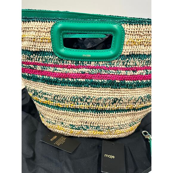 NEW NWT MAJE M Mini Striped Raffia Basket Bag Vert Casino Green - Picture 9 of 10